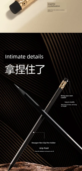 Siyah Altın Ahşap Kurşun Kalem HB - 10 Adet + Kalemtraş - Resim 11