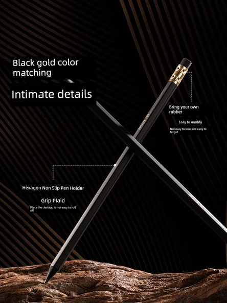 Siyah Altın Ahşap Kurşun Kalem HB - 10 Adet + Kalemtraş - Resim 4