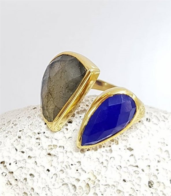 Lapis Ve Labrodorite Taşlı Tasarım Gümüş Yüzük ürün görseli