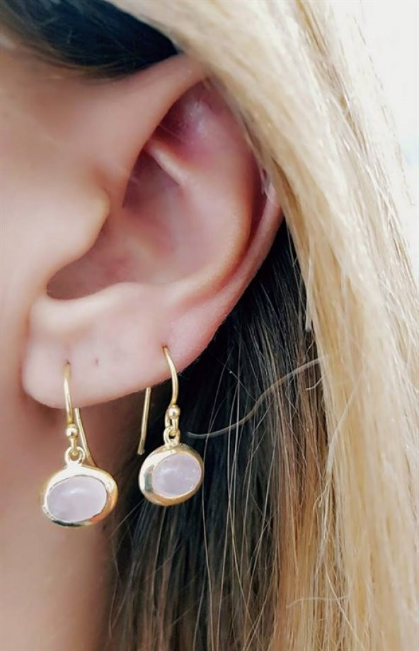 Pembe Kuvars Taşlı 925 Ayar Gümüş Üzerine  Altın Kaplamalı Küpe ürün görseli