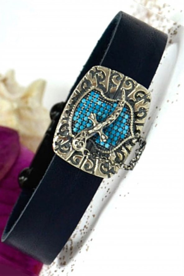 Turkuaz Taşlı Deri Erkek Bileklik ürün görseli