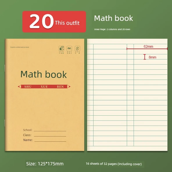 İlkokul Öğrenci Pratik Defteri - 36K - Tek Taraflı Kalın - Renkli Göz Koruma - 20 Matematik Kitabı