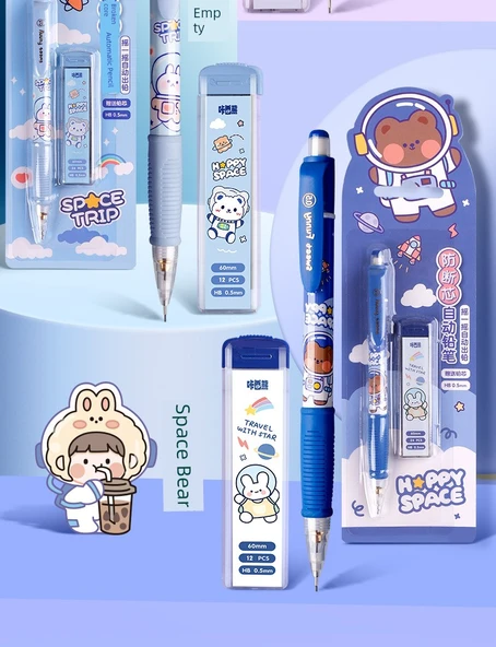 Karikatür Sevimli Sallamalı Kalem - 2 Paket Yıldız Tavşan + Uzay Ayısı HB Yedek - 11