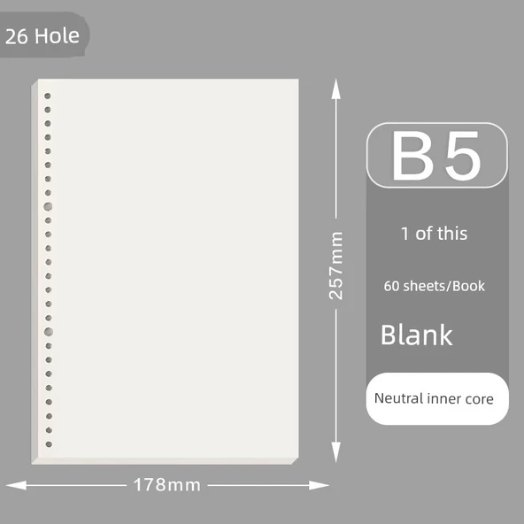 B5 Gevşek Yaprak Defter Yenileme Kağıdı - Boş 60 Sayfa