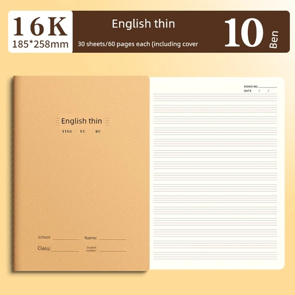 16K İngilizce Pratik Defteri - İnce - 10 Paket