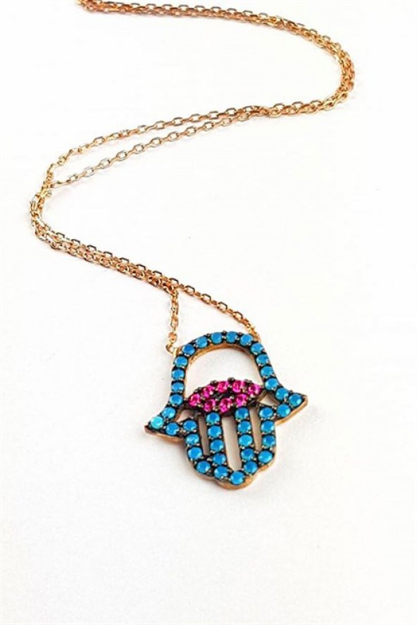 Turkuaz Ve Pembe Zirkon Taşlı Fatmanın Eli Gümüş Kolye ürün görseli