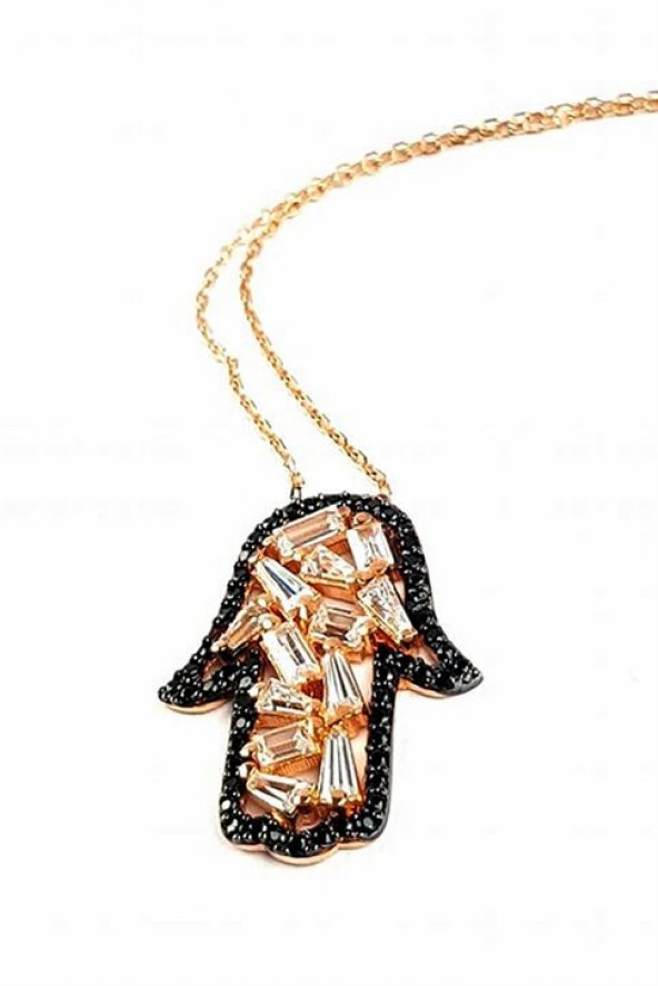 Baget Kesim Zirkon Ve Oniks Taşlı Gümüş Üzerine Rose Altın Kaplamalı Fatmanın Eli Kolye ürün görseli