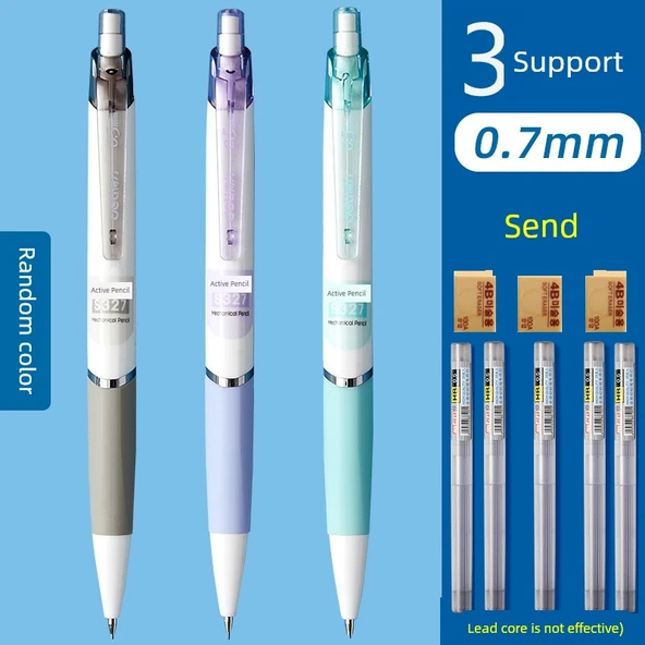 Ergonomik Mekanik Kalem 0.7mm - 3 Adet 5 Kurşun Tüp + 3 Silgi
