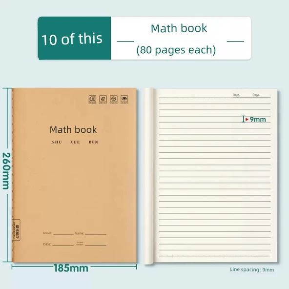 İlkokul Öğrenci Defteri 16K - Matematik - 80 Sayfa - Matematik/10 (80 sayfa her biri)