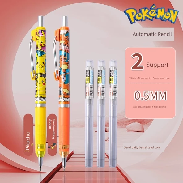 Mekanik Kalem - 0.5mm HB - Pikachu + Ateş Nefes Alan Ejderha - 3 Kurşun Haznesi