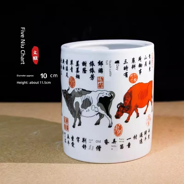 Jingdezhen Seramik Kalem Vazo Fırça Tutucu - Beş Niu Tablosu