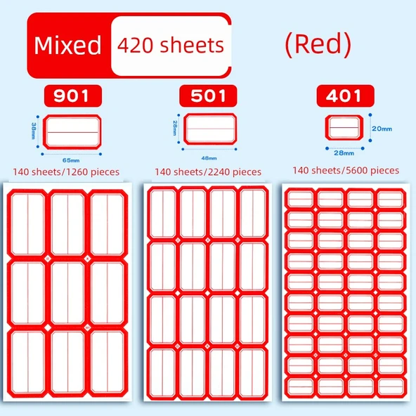 Su Geçirmez Yapışkan Etiket - Kırmızı 901/501/401 2 Paket 420 Sayfa Her Paket