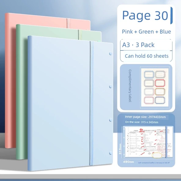 A3 Dosya Klasörü - [3 Paket] Pudra + Yeşil + Mavi - 30 Sayfa Etiketli