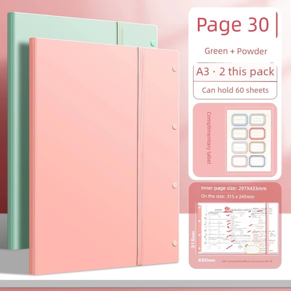 A3 Dosya Klasörü - [2 Paket] Yeşil Pudra - 30 Sayfa Etiketli