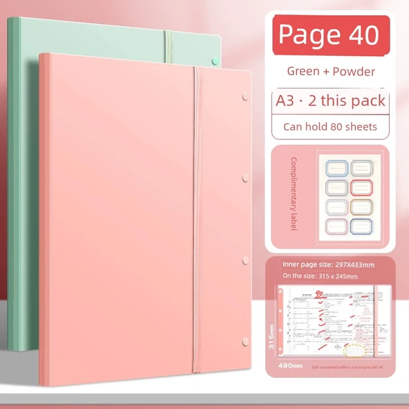 A3 Dosya Klasörü - [2 Paket] Yeşil Pudra - 40 Sayfa Etiketli