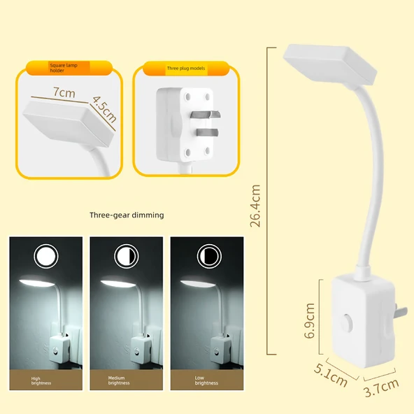 LED Yatak Lambası - Kare Tripod - Beyaz Üç Aşamalı Parlaklık Ayarı