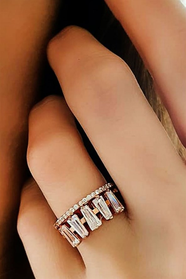 Baget Kesim Zirkon Taşlı Gümüş Rose Ayarlanabilir Gümüş Yüzük ürün görseli