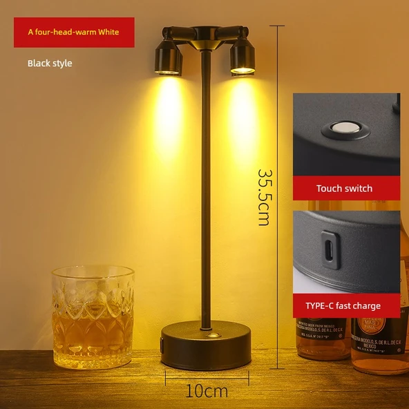 Şarjlı LED Bar Masa Lambası - Dimmer Anahtarı - Siyah A Dört Başlık Sıcak Beyaz Işık