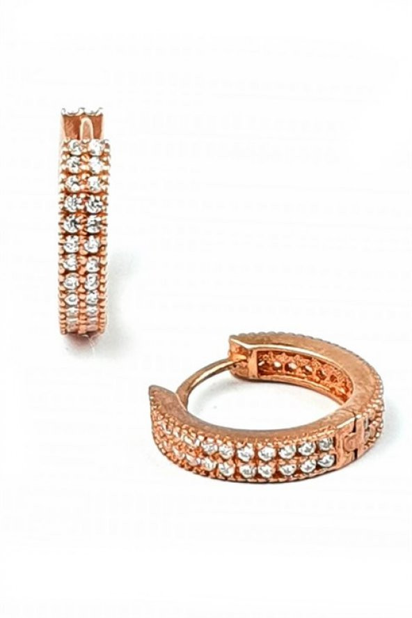 Çift Sıra Arkası Önü Zirkon Taşlı Gümüş Rose Halka Cift Küpe 1.4Cm ürün görseli