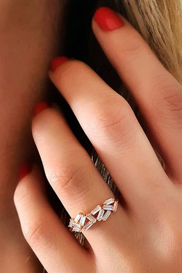 Baget Kesim Zirkon Taşlı Gümüş Rose Çıtır Yüzük ürün görseli