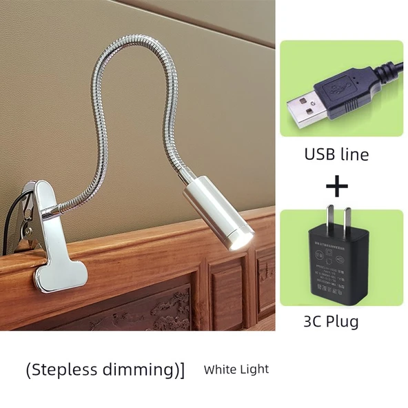 LED Klipsli Göz Koruma Öğrenci Masa Lambası - Gümüş - Ayarlanabilir Parlaklık - Beyaz + USB + 3C Priz