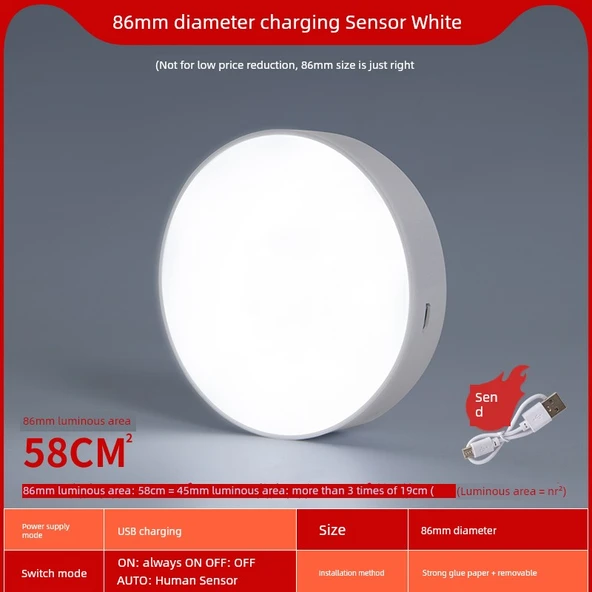 Akıllı Kablosuz Şarjlı LED Koridor Lambası - Beyaz Işık / İnsan Sensör Anahtar 2 Mod - Tek Paket