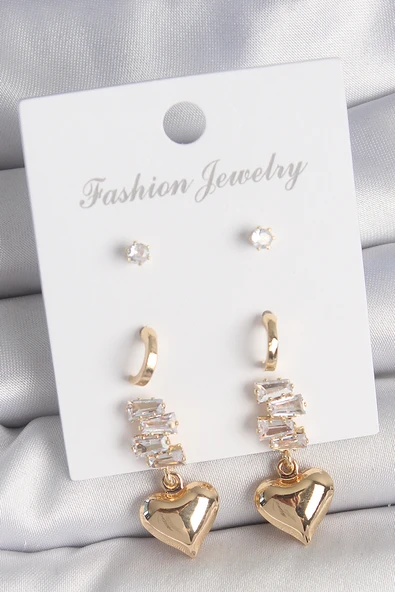 Pirinç Gold Renk Zirkon Taşlı Sallantılı Kalp Model Yarım Halka Detay 3 Çift Kadın Küpe Seti - TJ-BKP10612 ürün görseli