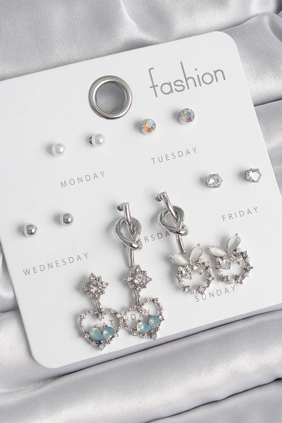 Pirinç Gümüş Renk Sallantı Zirkon Taşlı Kalp Model Düğüm Detay 7 Çift Kadın Küpe Seti - TJ-BKP10548 ürün görseli