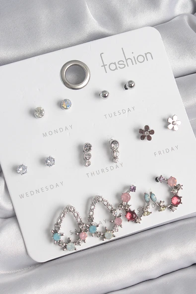 Pirinç Gümüş Renk Zirkon Taşlı Damla Model Çiçek Detay 7 Çift Kadın Küpe Seti - TJ-BKP10549 ürün görseli