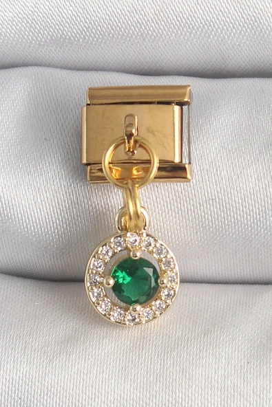 316L Çelik Gold Renk Sallantı Yeşil Zirkon Taşlı Nomination Charm - TJ-BC1344