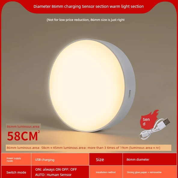Akıllı Kablosuz Şarjlı LED Koridor Lambası - Sarı Işık / İnsan Vücudu Sensör Anahtar 2 Mod - Tek Paket