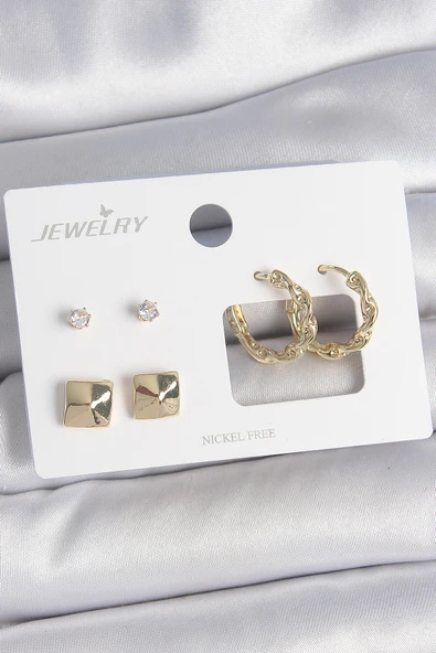 Pirinç Gold Renk Burgu Halka Model Zirkon Taşlı Kare Detay 3 Çift Kadın Küpe Seti - TJ-BKP10623 ürün görseli 1