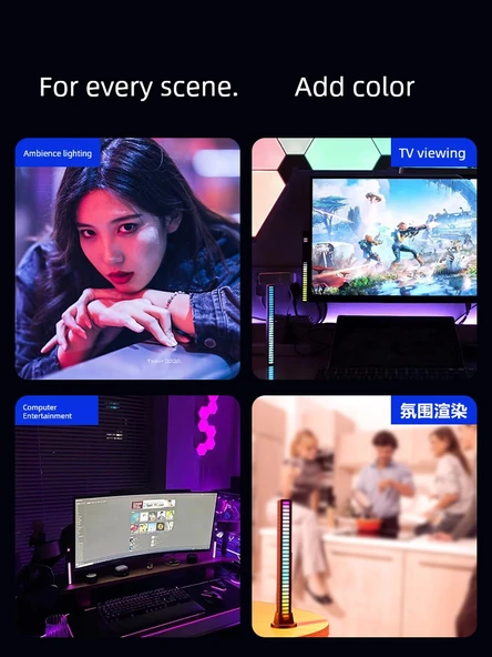 RGB Ses Kontrolü Alıcı Ortam Işık Çubuğu - Yükseltilmiş 3D Siyah Tak-Çalıştır Çift Kullanım 1 Paket - 6