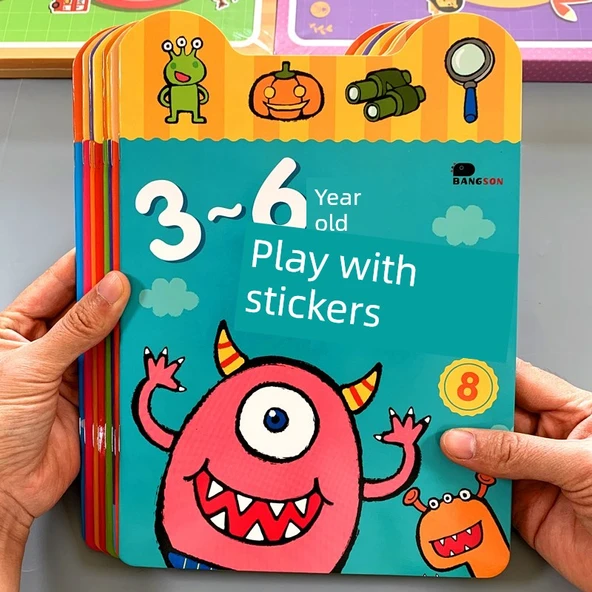 Çocuklar için Erken Eğitim Karikatür Çıkartma Kitabı - 3-6 Yaş Oyun Çıkartmaları 8 Kitap