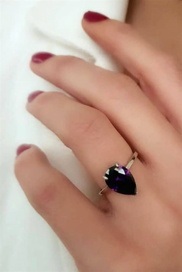 Ametist Taşlı Gümüş Damla Yüzük ürün görseli