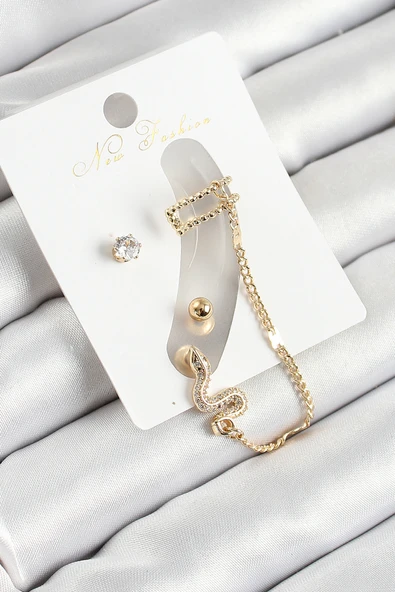 Pirinç Yılan Figürlü Zirkon Taşlı Gold Renk 3'lü Kıkırdak Kadın Küpe Set - TJ-BKP10664 ürün görseli