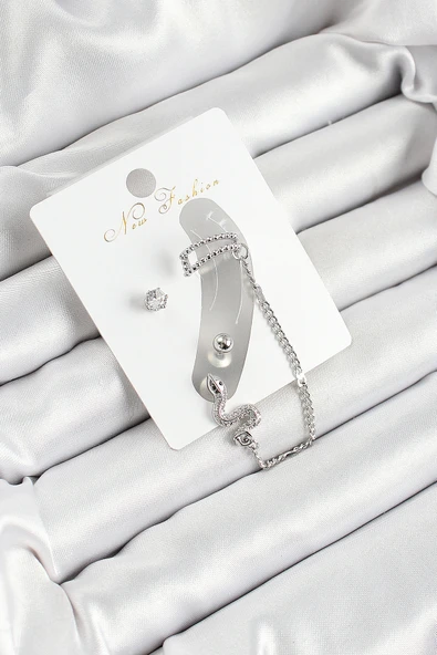 Pirinç Yılan Figürlü Zirkon Taşlı Gümüş Renk 3'lü Kıkırdak Kadın Küpe Set - TJ-BKP10660 ürün görseli