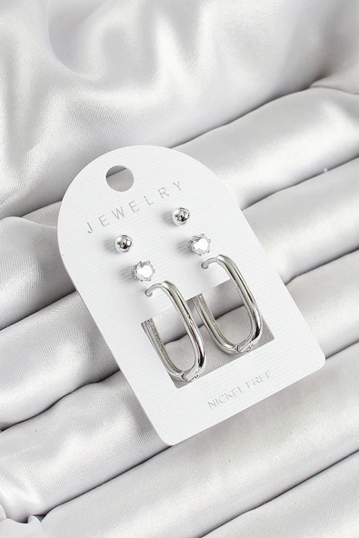 Pirinç Zirkon Taş Ve Dikdörtgen Figürlü Gümüş Renk 3'lü Çift Kadın Küpe Set - TJ-BKP10645 ürün görseli