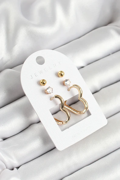 Pirinç Zirkon Taş Ve Kalp Figürlü Gold Renk 3'lü Çift Kadın Küpe Set - TJ-BKP10650 ürün görseli 1