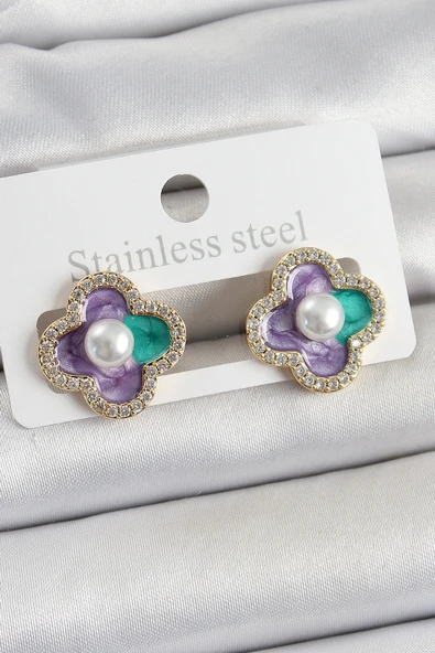 Pirinç Mor Mineli İnci Detaylı Zirkon Taşlı Sanatsal Portre Yonca Model Gold Renk Kadın Küpe - TJ-BKP10680 ürün görseli 1