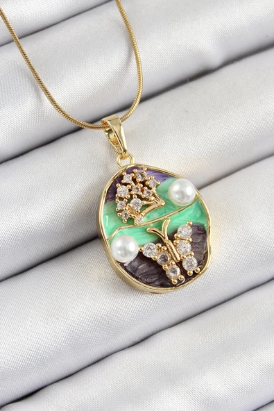 316L Çelik Zincir Zirkon Taşlı Yeşil Mor Sanatsal Portre İnci Detaylı Ağaç Ve Kelebek Figürlü Model Gold Renk Kadın Kolye - TJ-BKO10283 ürün görseli