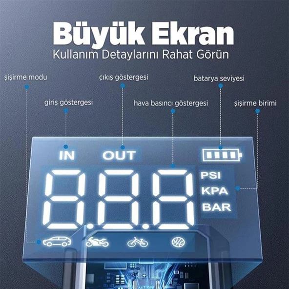 Utrai JS-9 12-24V Akü Şarj Powerbank Lastik Hava Kompresörü Şişirici Taşınabilir Dijital Kablosuz EL Feneri - 5