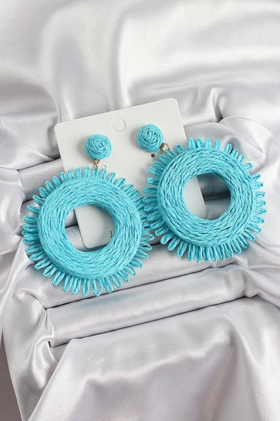 Mavi Püsküllü Halka Figürlü Hasır Örgü Model Gold Renk Kadın Küpe - TJ-BKP10709 ürün görseli 1