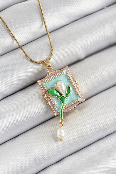 316L Çelik Zincir Turkuaz Sanatsal Portre Sallantılı İnci Detaylı Lale Model Gold Renk Kadın Kolye - TJ-BKO10280 ürün görseli
