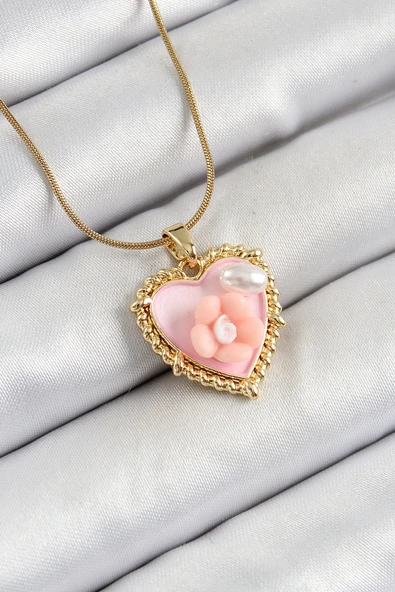 316L Çelik Zincir Pembe Sanatsal Portre İnci Detaylı Papatya Figürlü Kalp Model Gold Renk Kadın Kolye - TJ-BKO10271 - 1
