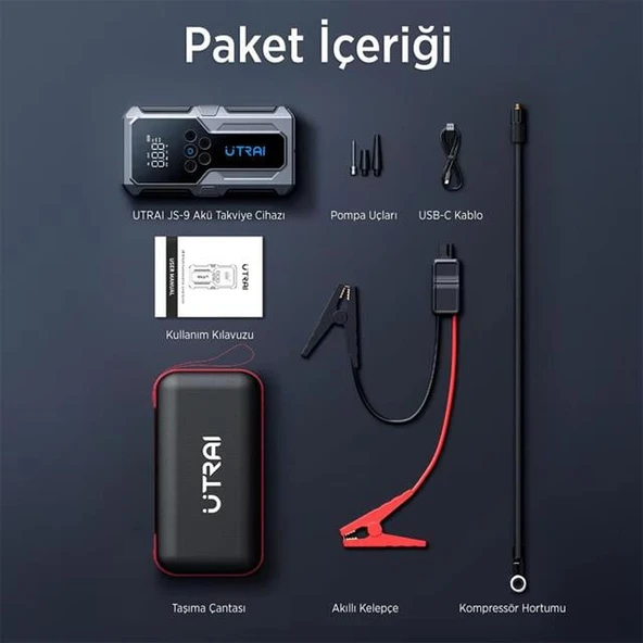 Utrai JS-9 12-24V Akü Şarj Powerbank Lastik Hava Kompresörü Şişirici Taşınabilir Dijital Kablosuz EL Feneri - 6