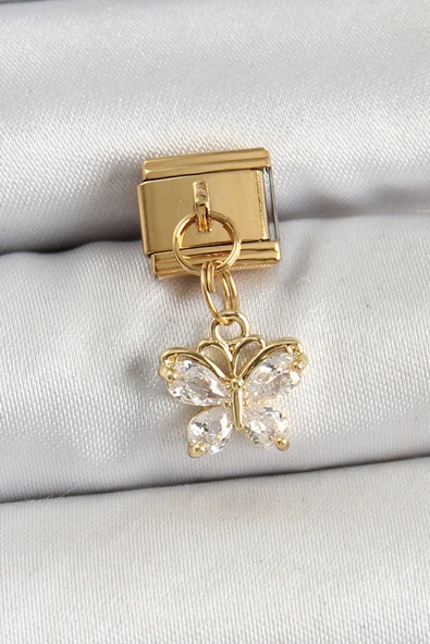 316L Çelik Sallantılı Zirkon Taşlı Kelebek Model Gold Renk Nomination Charm - TJ-BC1434
