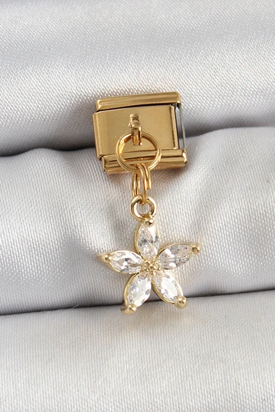 316L Çelik Sallantılı Zirkon Taşlı Çiçek Model Gold Renk Nomination Charm - TJ-BC1429