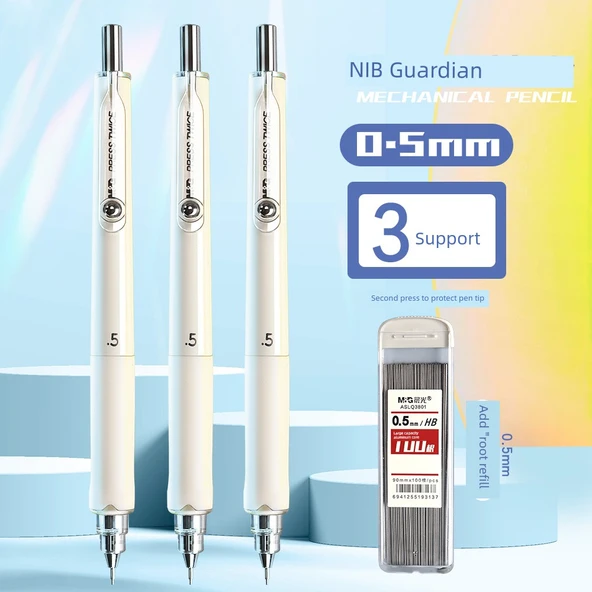 Mekanik Kalem Seti - 3 Süt Beyaz - 0.5mm - 1 Kutu 100 Yedek Uçlu