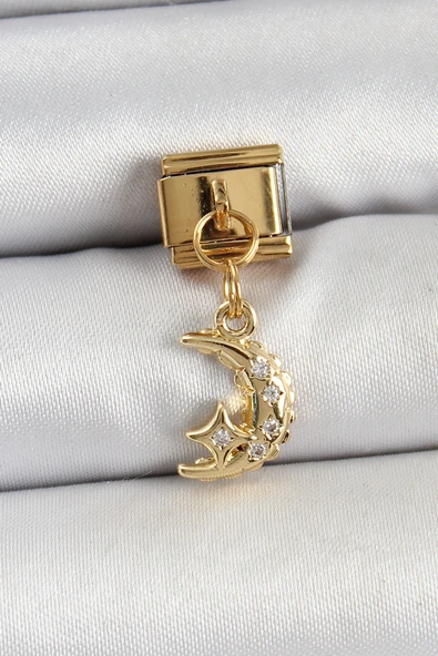 316L Çelik Sallantılı Zirkon Taşlı Ay Model Gold Renk Nomination Charm - TJ-BC1431 ürün görseli